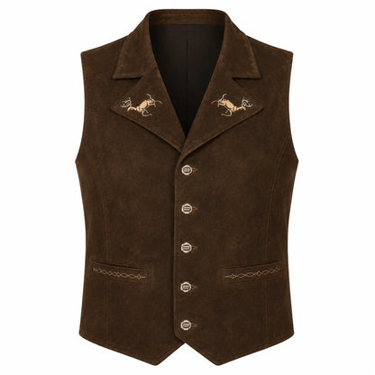 A dark brown suede vest with embroidered antelope designs on the lapels and decorative stitching on the front pockets, shown against a plain white background.