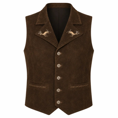A dark brown suede vest with embroidered antelope designs on the lapels and decorative stitching on the front pockets, shown against a plain white background.