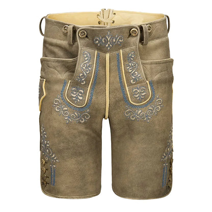 Brown leather shorts with decorative stitching on a white background