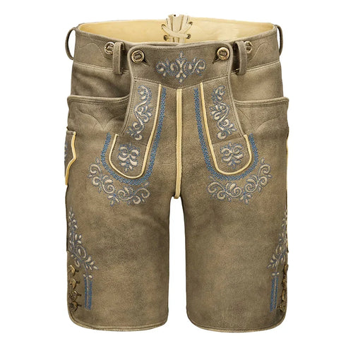 Brown leather shorts with decorative stitching on a white background