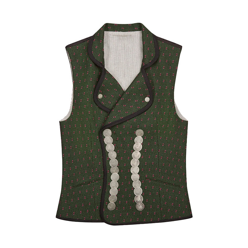 Green patterned vest with button details on a white background