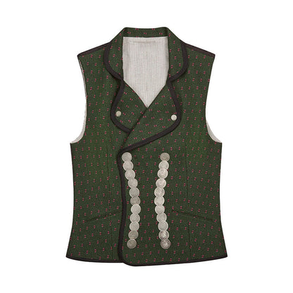 Green patterned vest with button details on a white background