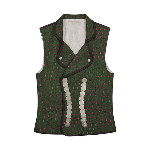 Green patterned vest with button details on a white background