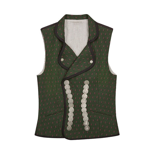 Green patterned vest with button details on a white background