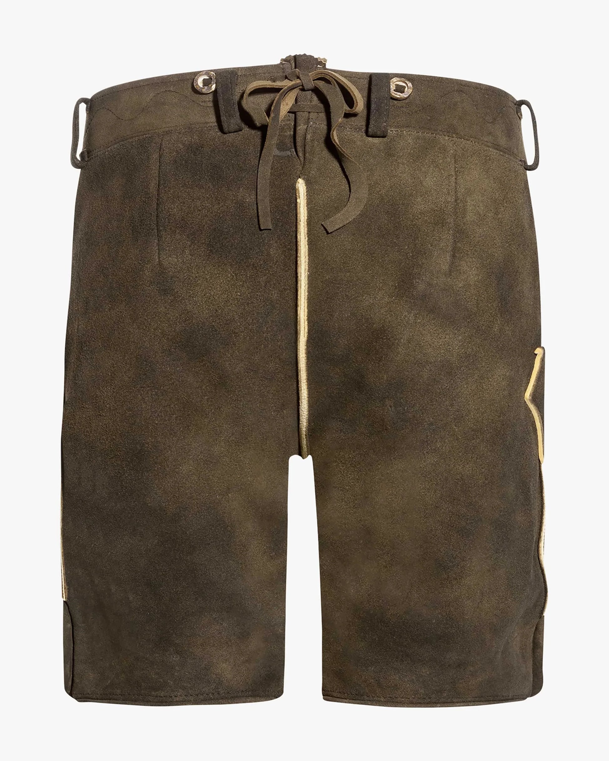 Brown leather shorts with a drawstring on a white background