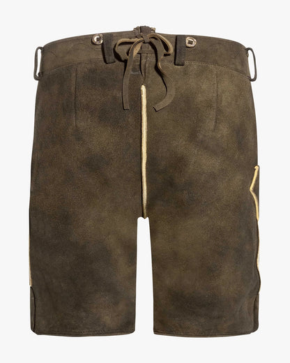 Brown leather shorts with a drawstring on a white background