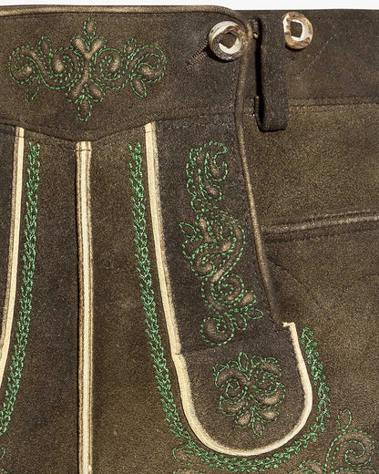 Brown leather pants with green embroidery and white stitching