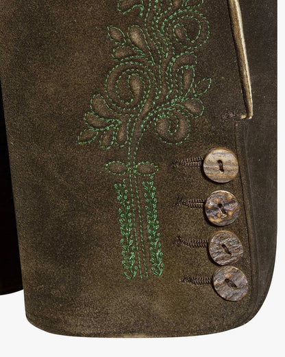 Brown leather bag with green floral embroidery and metal buttons on a white background
