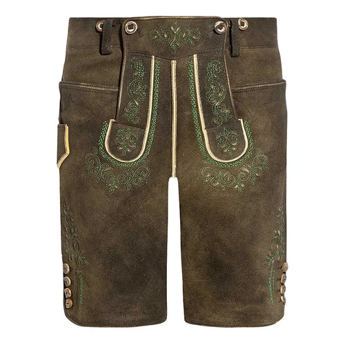Brown leather shorts with green embroidery on a white background