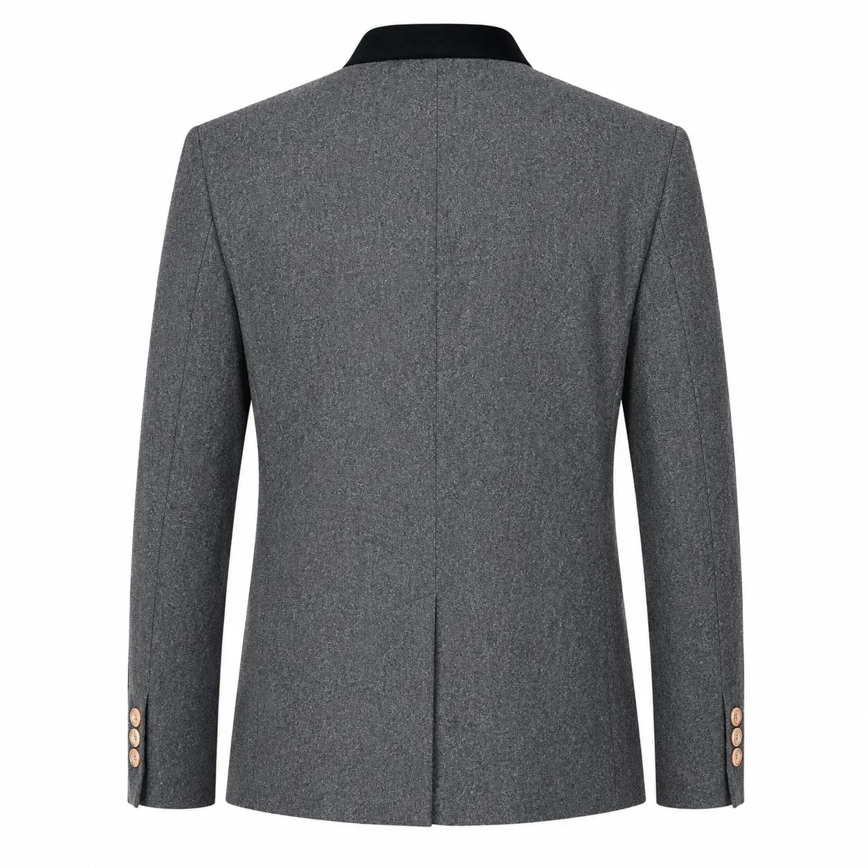 The back view of a men's gray textured blazer with a contrasting black collar and gold buttons on the cuffs, shown against a plain white background.
