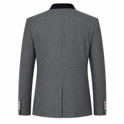 The back view of a men's gray textured blazer with a contrasting black collar and gold buttons on the cuffs, shown against a plain white background.