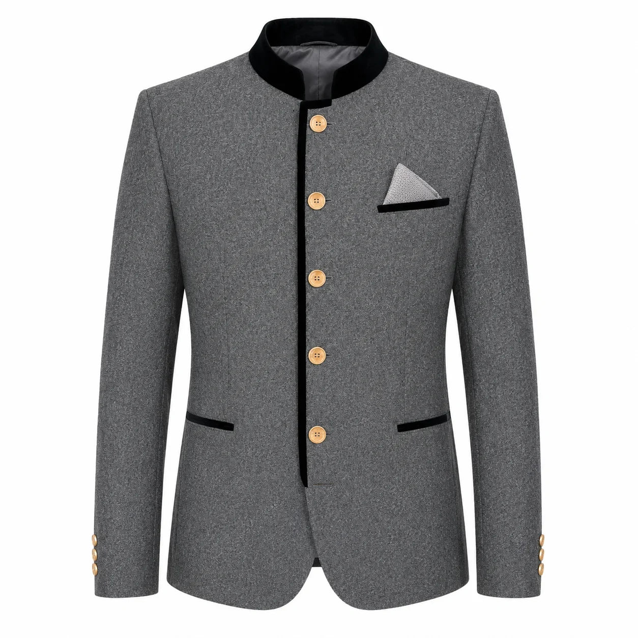 A men's gray textured blazer jacket with black contrast trim on the collar, front placket, pocket flaps, and cuffs, accented by gold buttons and a gray pocket square.