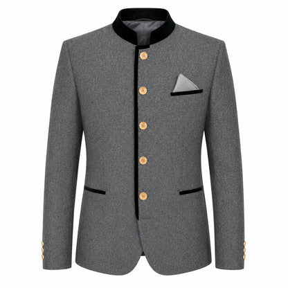 A men's gray textured blazer jacket with black contrast trim on the collar, front placket, pocket flaps, and cuffs, accented by gold buttons and a gray pocket square.