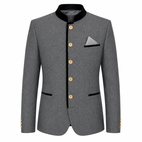 A men's gray textured blazer jacket with black contrast trim on the collar, front placket, pocket flaps, and cuffs, accented by gold buttons and a gray pocket square.