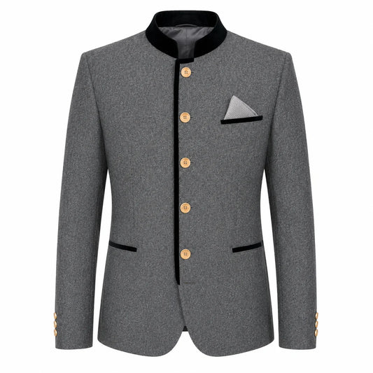 A men's gray textured blazer jacket with black contrast trim on the collar, front placket, pocket flaps, and cuffs, accented by gold buttons and a gray pocket square.