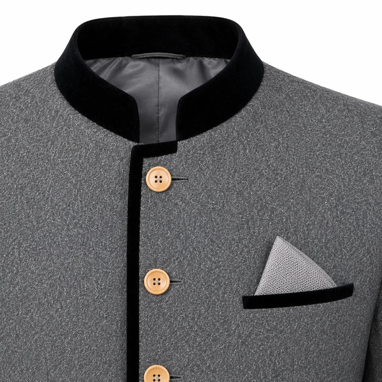 Close-up of a gray textured jacket with a black mandarin collar, black trim, and light brown buttons, featuring a matching gray pocket square with a black band.
