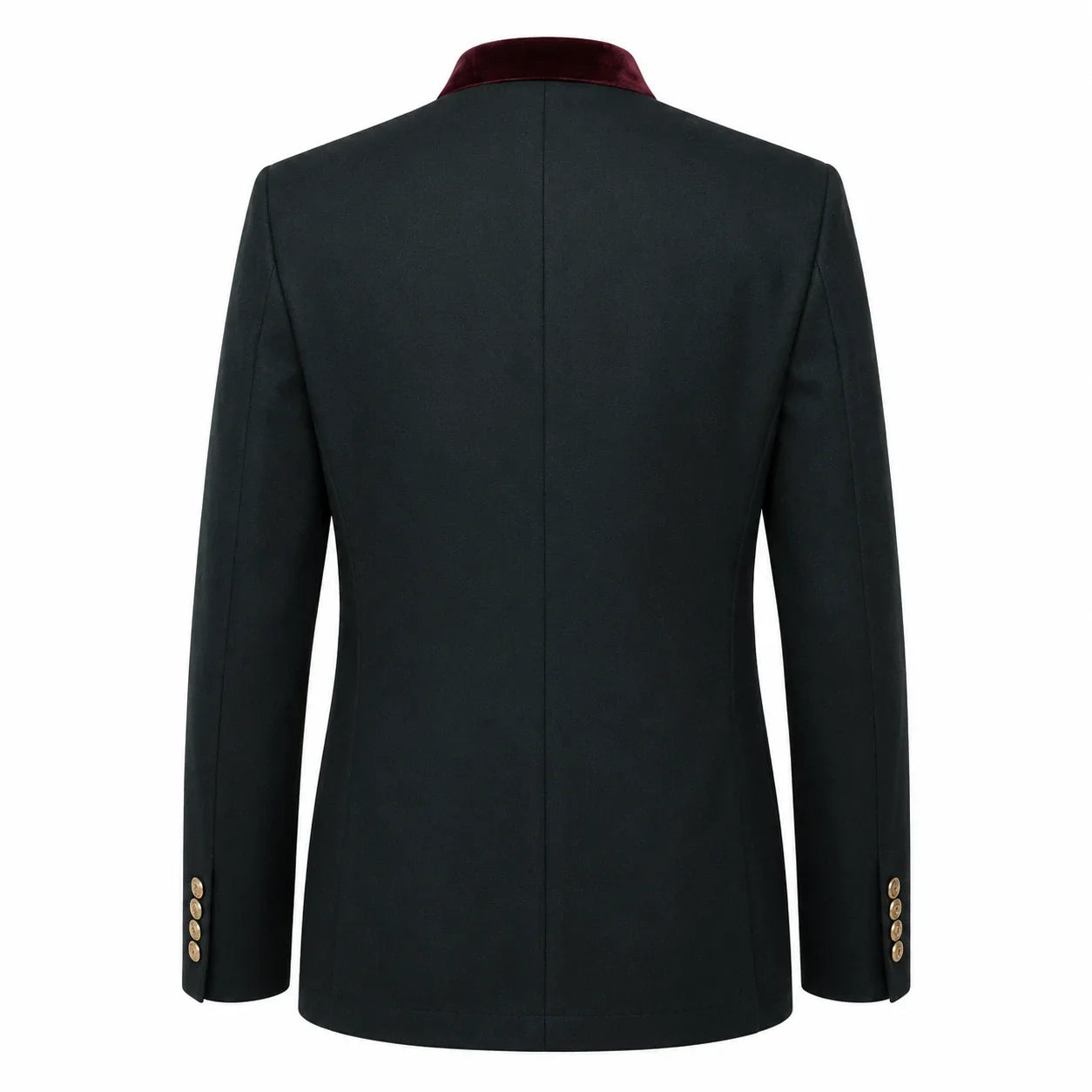 The back view of a men's blazer in black, featuring a contrasting dark burgundy velvet collar and gold button accents on the cuffs.