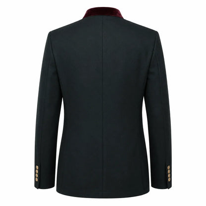 The back view of a men's blazer in black, featuring a contrasting dark burgundy velvet collar and gold button accents on the cuffs.