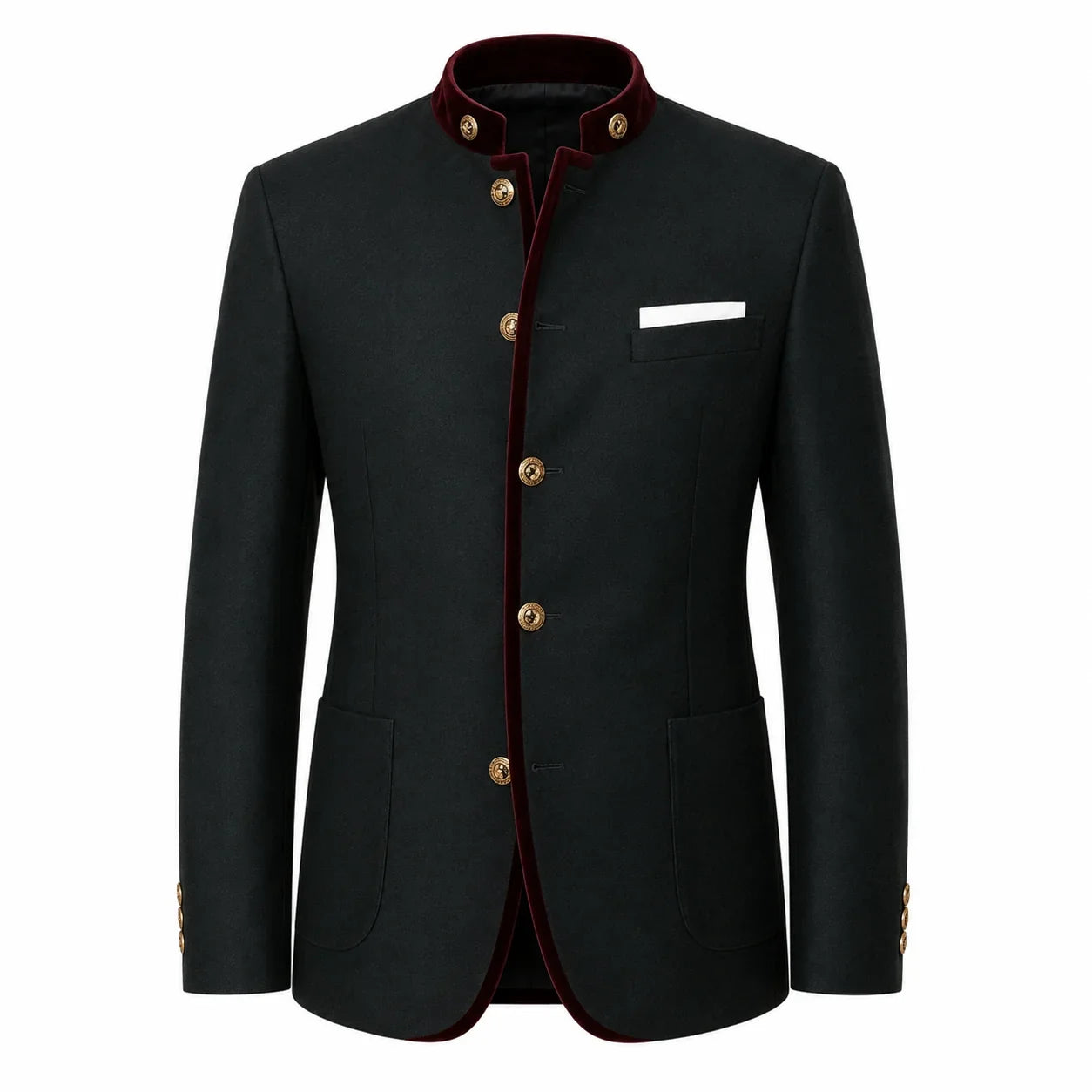 A men's black Nehru jacket with a dark red velvet inner lining and gold-tone buttons, shown on a plain white background.