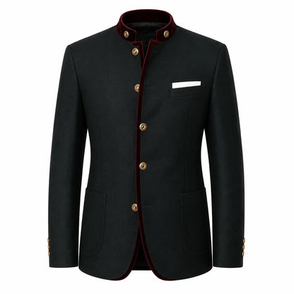 A men's black Nehru jacket with a dark red velvet inner lining and gold-tone buttons, shown on a plain white background.
