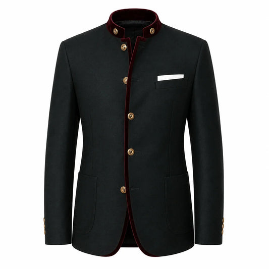 A men's black Nehru jacket with a dark red velvet inner lining and gold-tone buttons, shown on a plain white background.