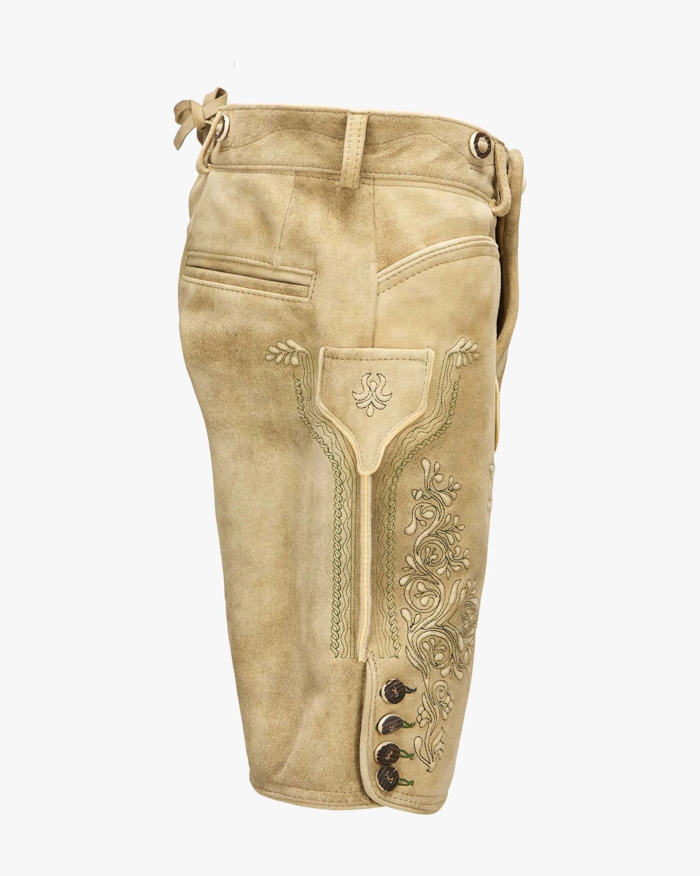 Beige leather riding pants with decorative stitching on a white background