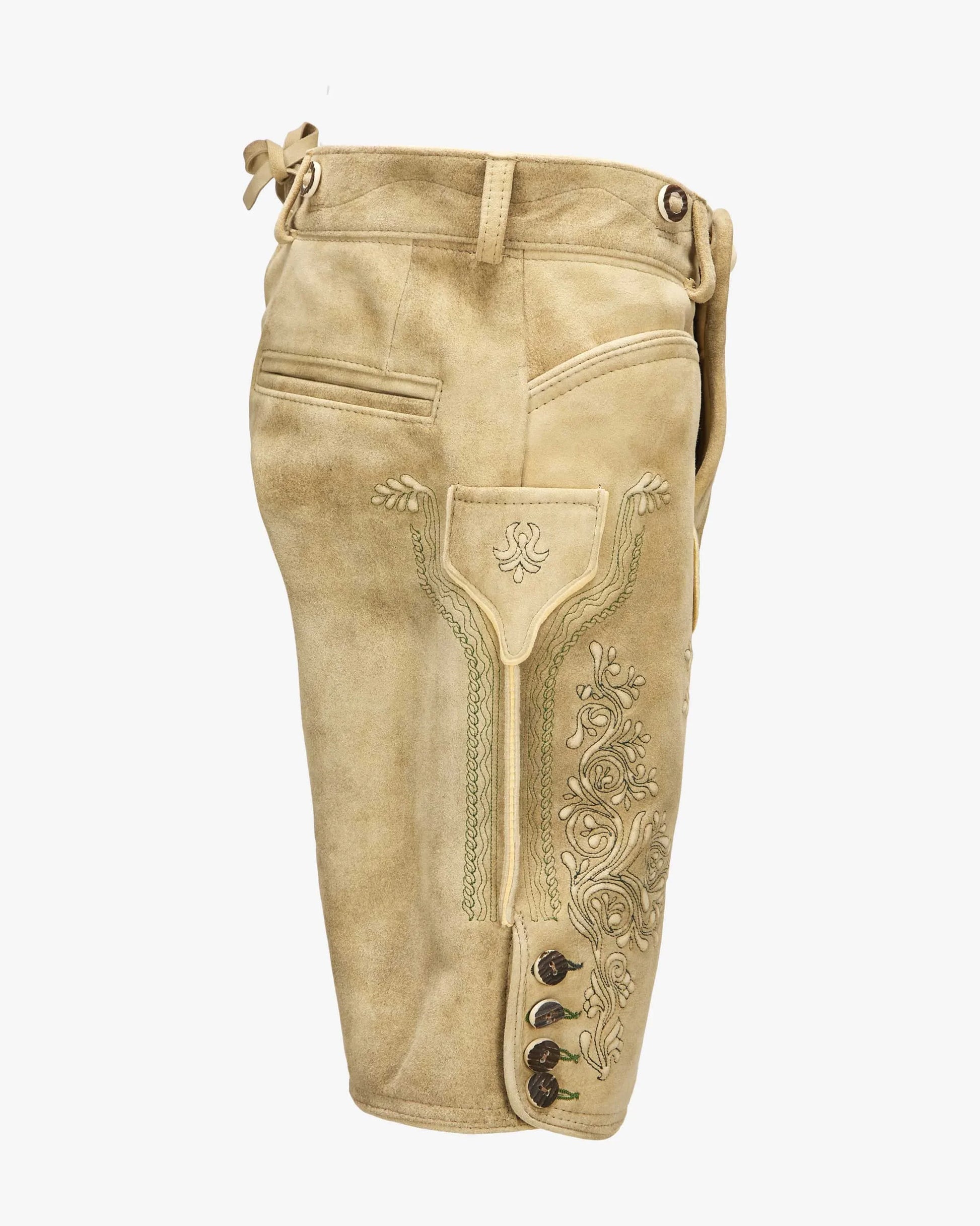 Beige leather riding pants with decorative stitching on a white background