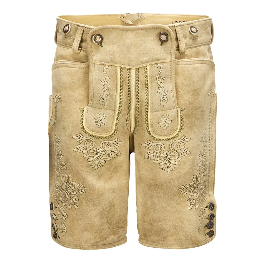 Beige shorts with intricate embroidery on a white background