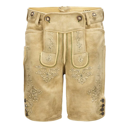 Beige shorts with intricate embroidery on a white background