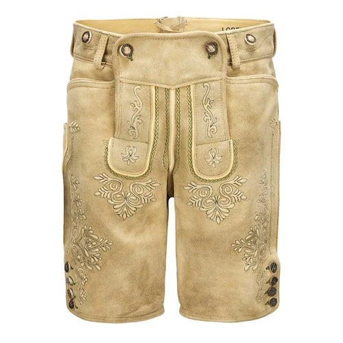 Beige shorts with intricate embroidery on a white background