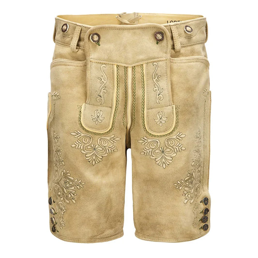 Beige shorts with intricate embroidery on a white background