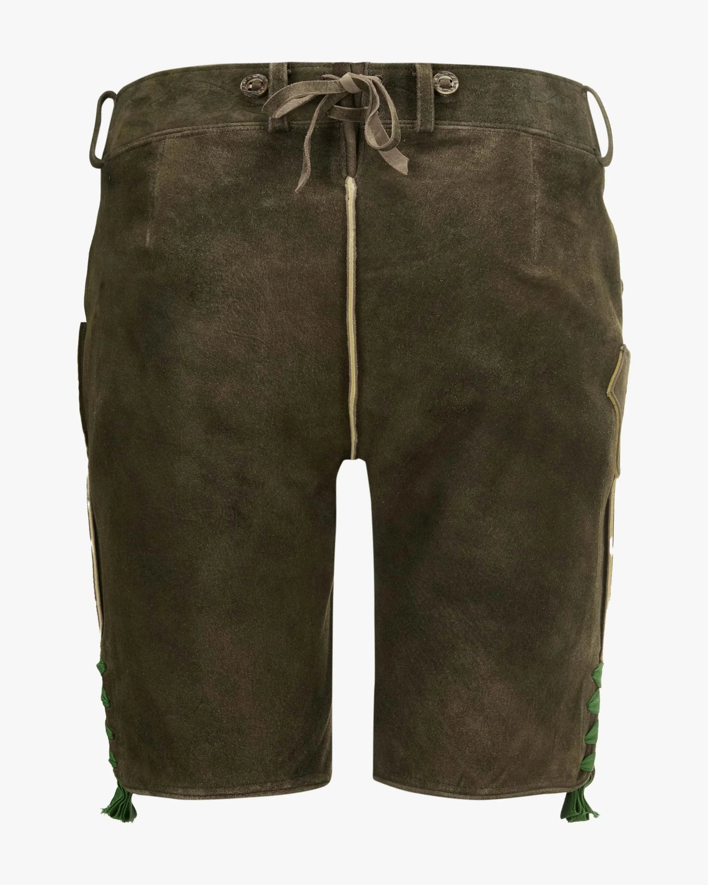 Brown leather shorts with green accents on a white background