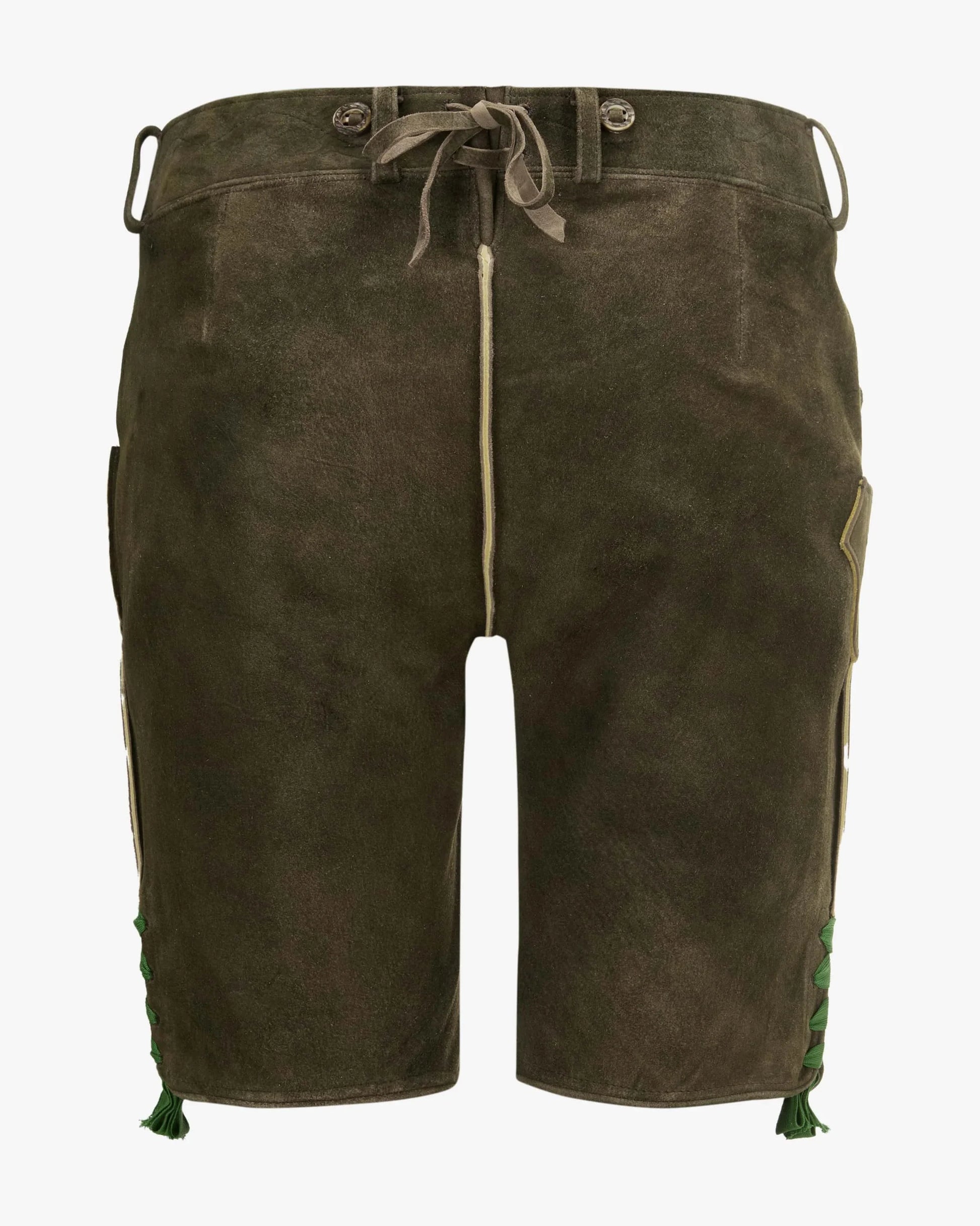 Brown leather shorts with green accents on a white background