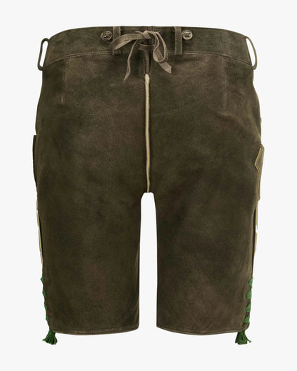 Brown leather shorts with green accents on a white background