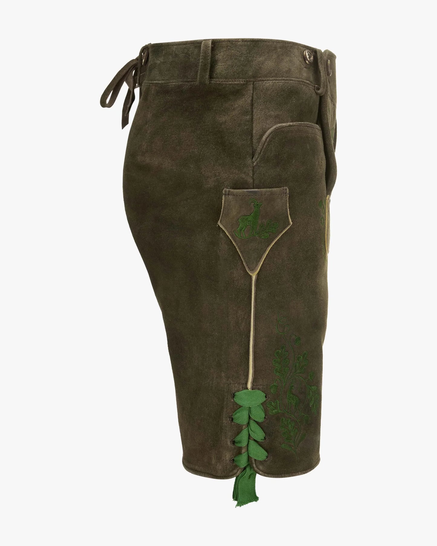Brown leather shorts with green decorative elements on a white background