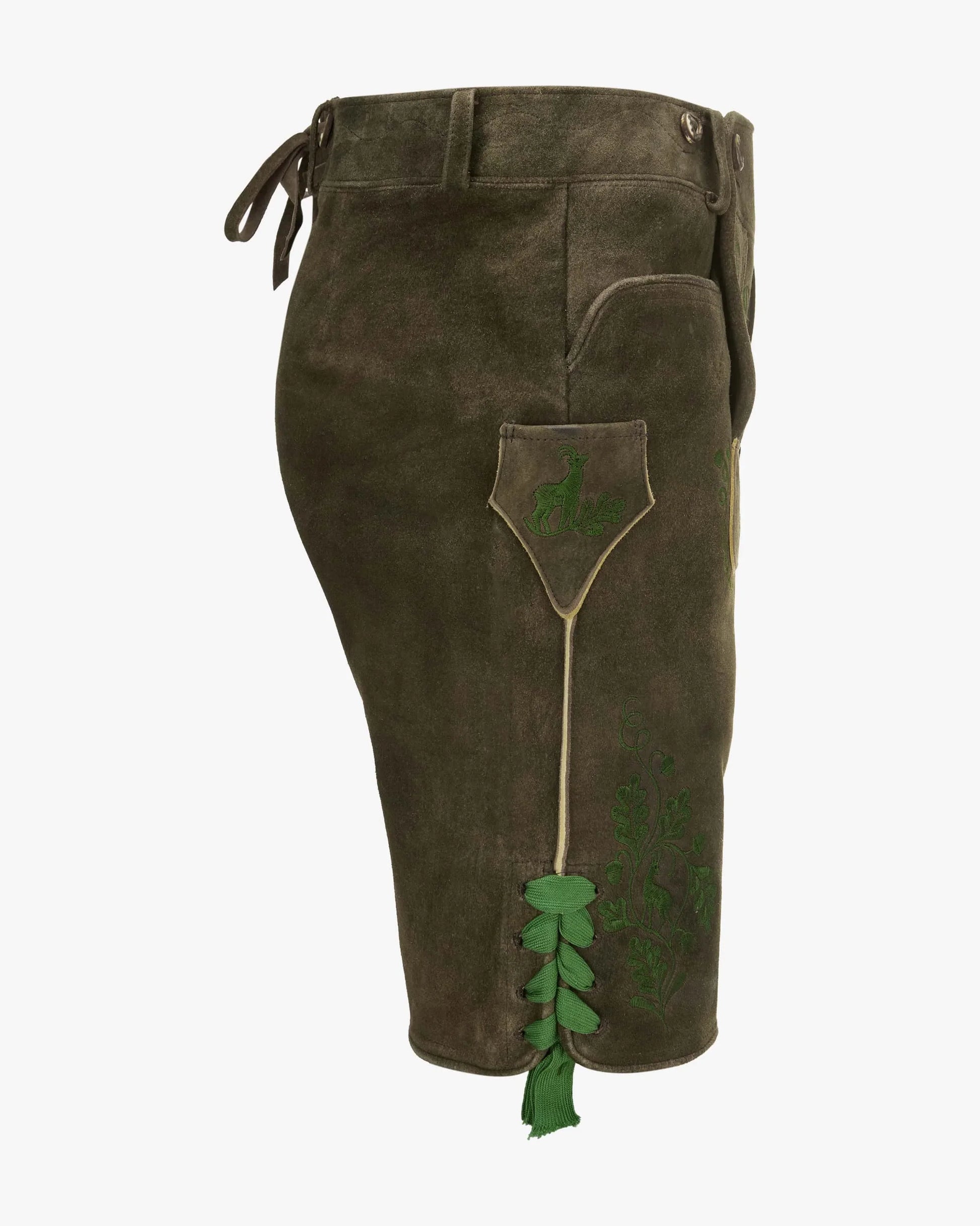Brown leather shorts with green decorative elements on a white background