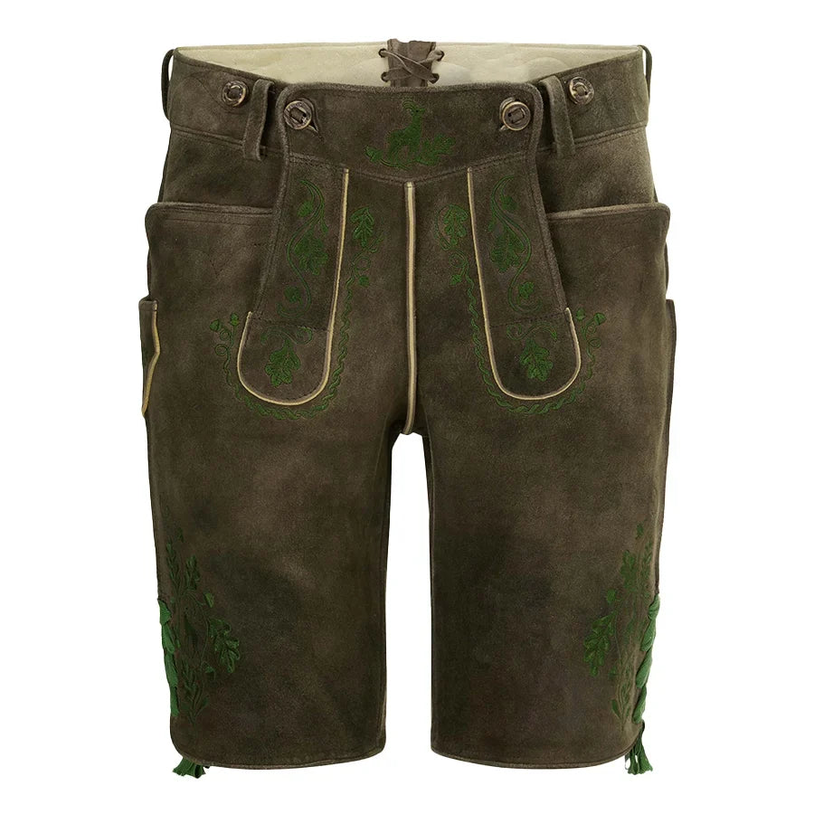 Brown leather shorts with green embroidery on a white background