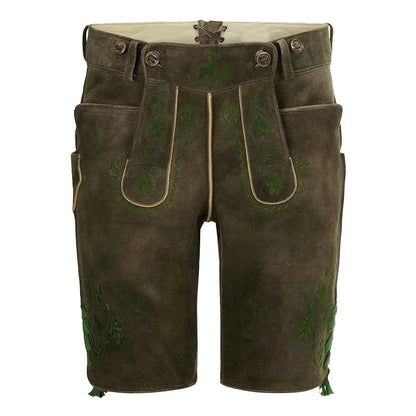 Brown leather shorts with green embroidery on a white background