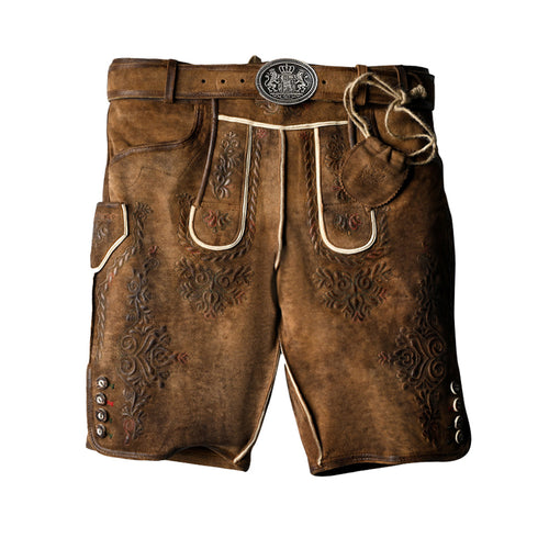 A pair of men's German Lederhosen in smoky brown color with embroidered details and a belt.