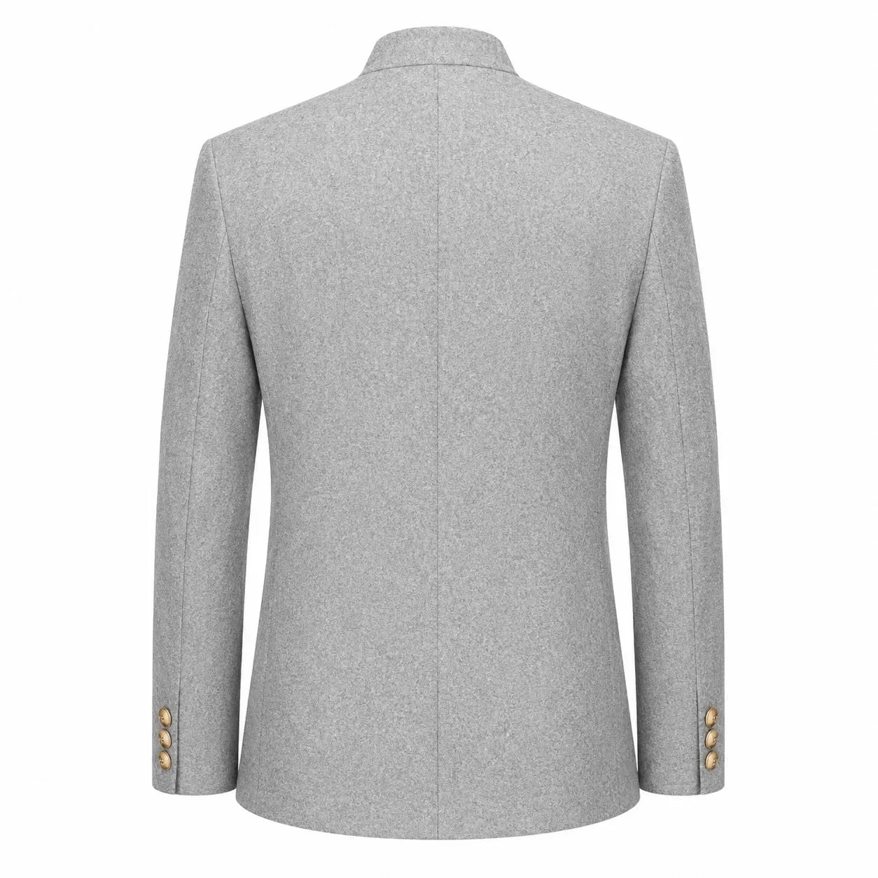A light gray textured blazer shown from the back, featuring a clean collar, structured shoulders, and gold button accents on the cuffs, set against a plain white background.