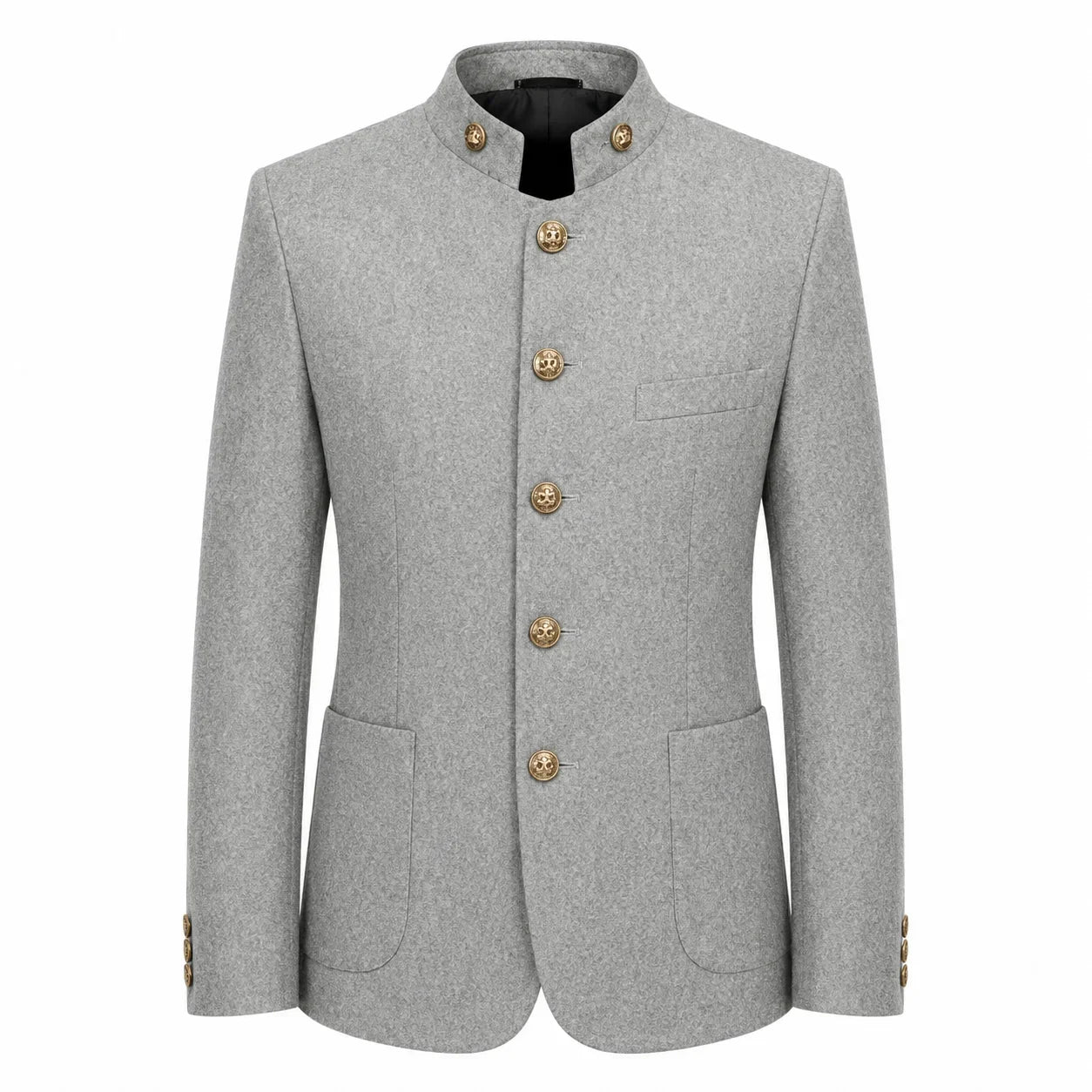 A light gray textured blazer jacket with a mandarin collar and decorative gold-tone buttons, shown on a plain white background.