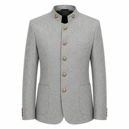 A light gray textured blazer jacket with a mandarin collar and decorative gold-tone buttons, shown on a plain white background.