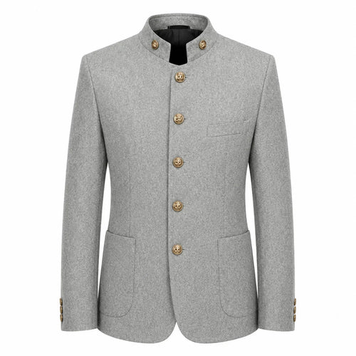A light gray textured blazer jacket with a mandarin collar and decorative gold-tone buttons, shown on a plain white background.