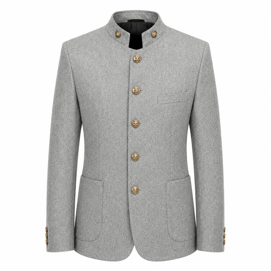 A light gray textured blazer jacket with a mandarin collar and decorative gold-tone buttons, shown on a plain white background.