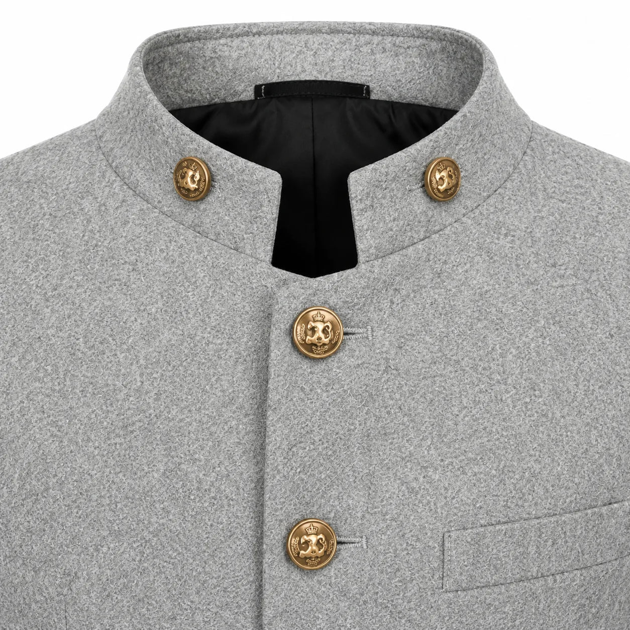 Close-up of a light gray textured jacket with a stand collar, black lining, and decorative gold-tone buttons on a white background.
