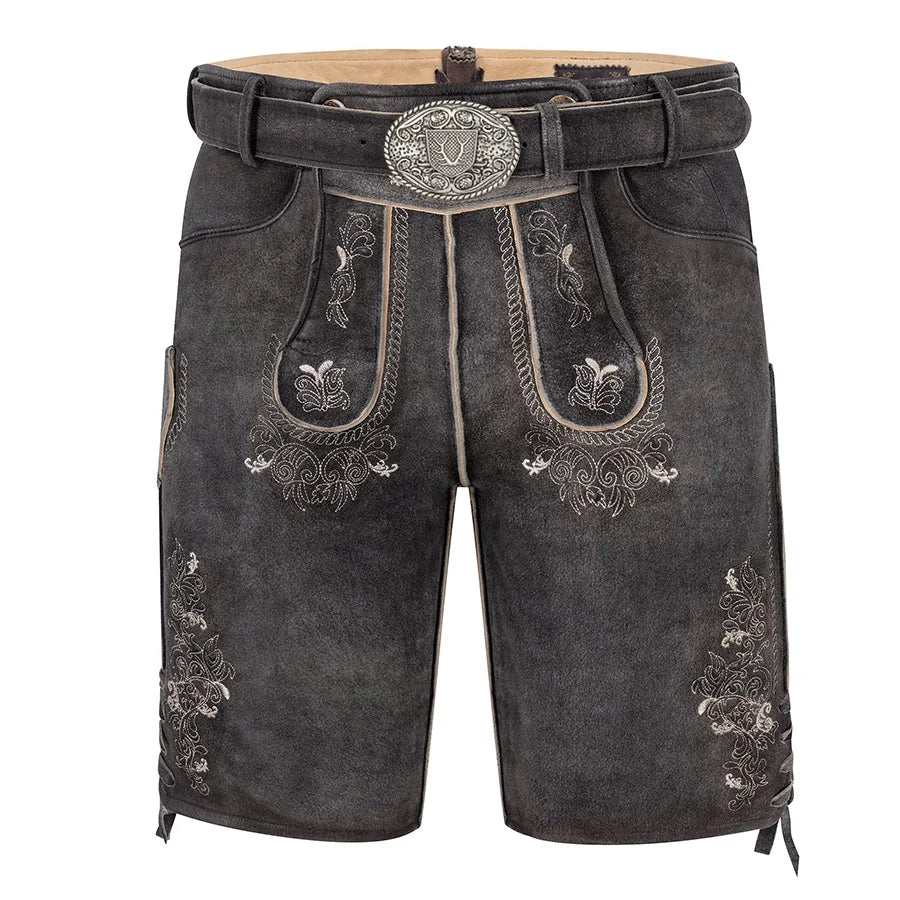 Traditional black leather shorts with decorative stitching on a white background