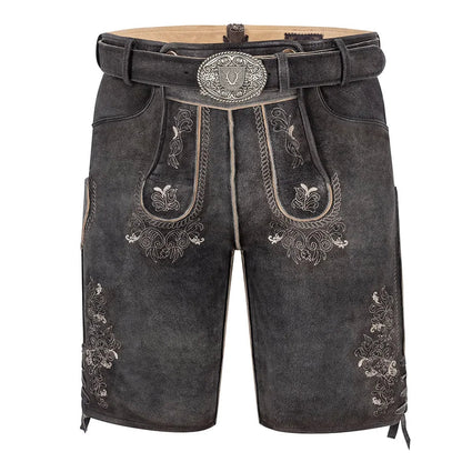 Traditional black leather shorts with decorative stitching on a white background