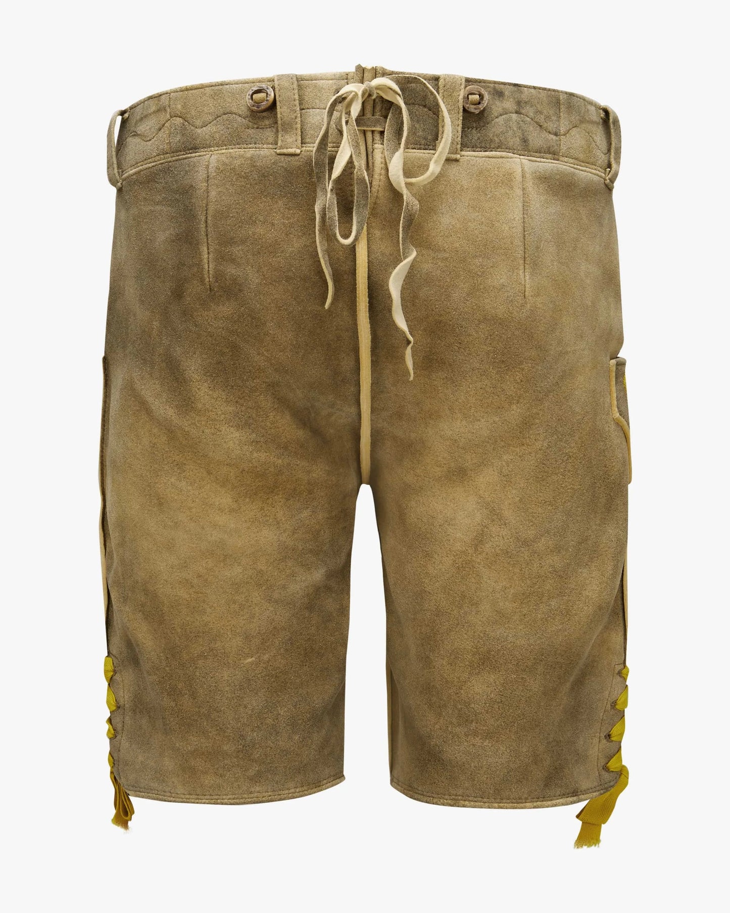 Brown leather shorts with drawstring on a white background