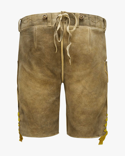 Brown leather shorts with drawstring on a white background