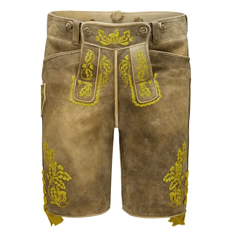 Brown shorts with yellow embroidery on a white background